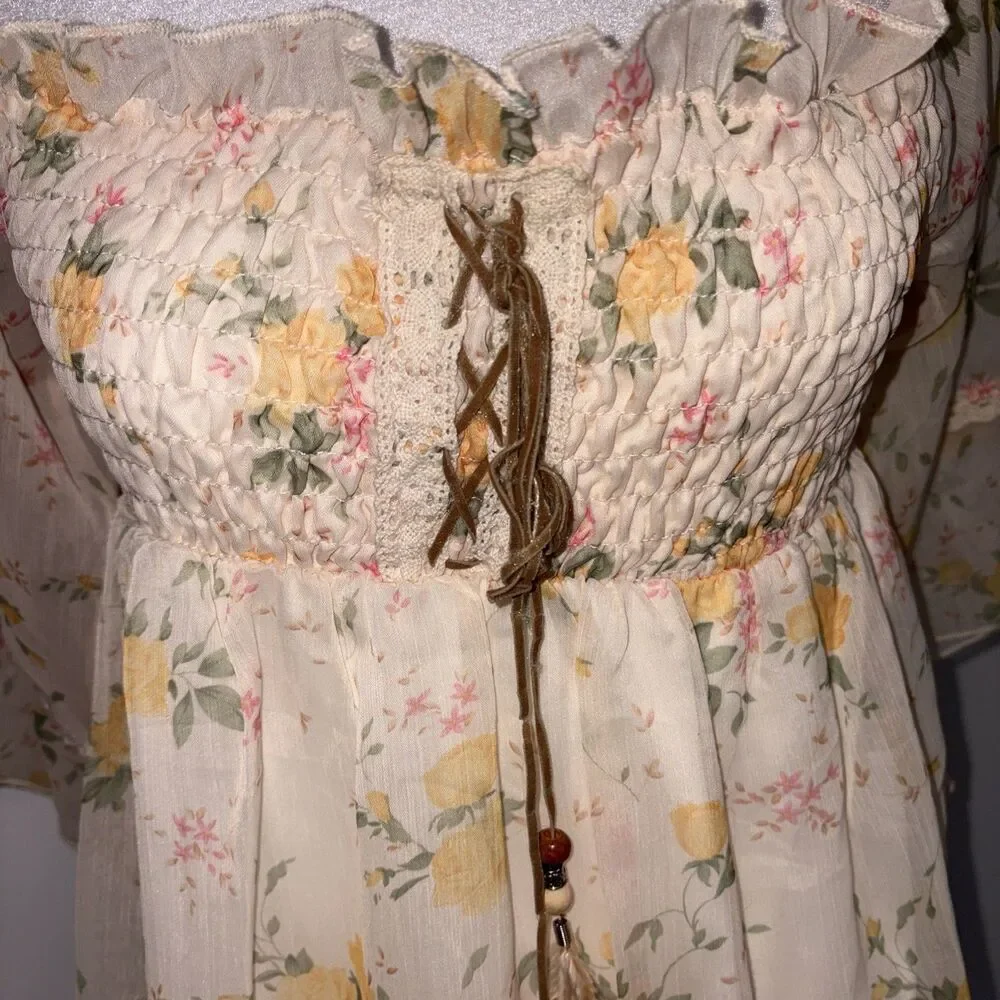 Boho Cowgirl Coquette Cottagecore Mini Dress Feathers  Crochet Empire‎ Waist Y2K